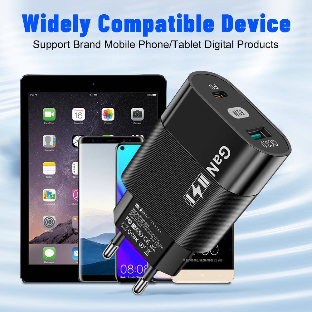 65W Gallium Nitride (GaN) PD Fast Charger with EU/US/UK Adapter for Phones & Computers