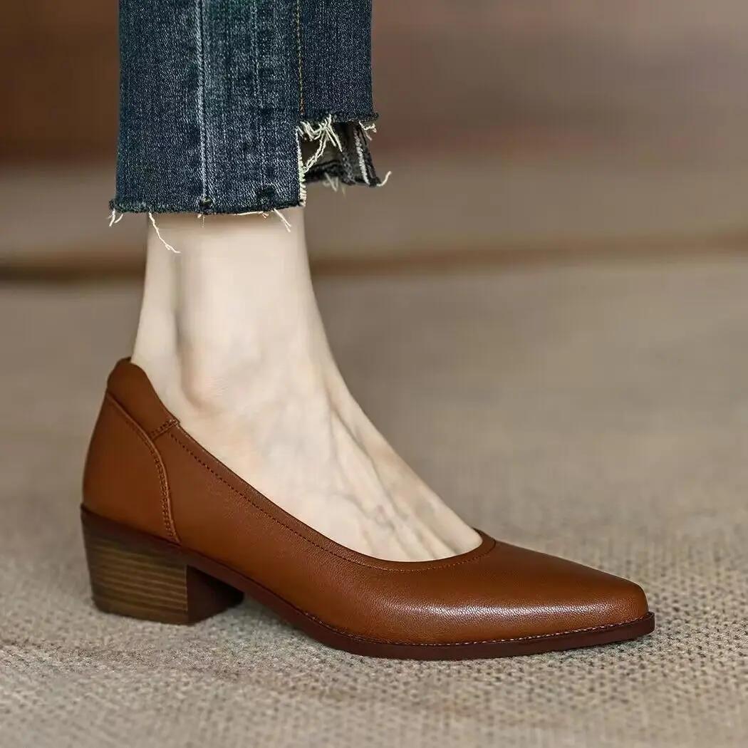 

Туфли на высоком каблуке в стиле ретро с острым носком и неглубоким вырезом, однотонные, весна-осень, удобные туфли-лодочки Tacon Para Mujer 40 темно-коричневого