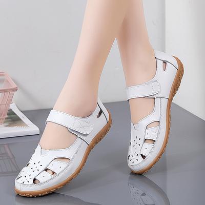 Large Size Sandals for Women Flat Sole Hollow Hole Shoes Non-slip Outer Sandals Genuine Leather Cow Tendon Soft Sole Mother Shoes