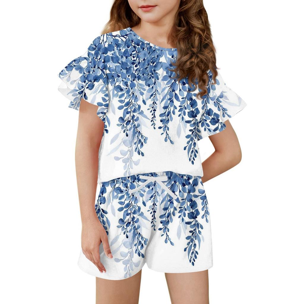 Girls' Summer Outfit Ruffle Sleeve Top And Shorts Clothing Set Lightweight Casual Two Piece