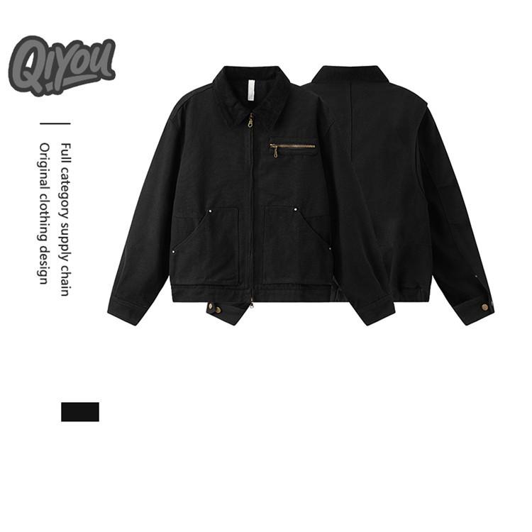 QIYOU 2025 Autumn Unisex Retro Dark Patchwork Double Zipper Workwear Jacket