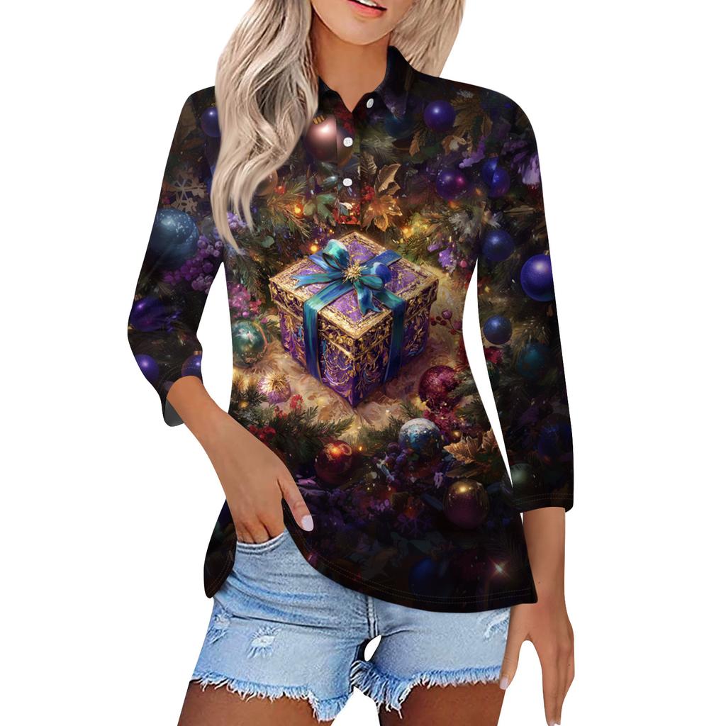 Women's Fashion Casual Button 3/4 Sleeve Vintage  Print Lapel Top