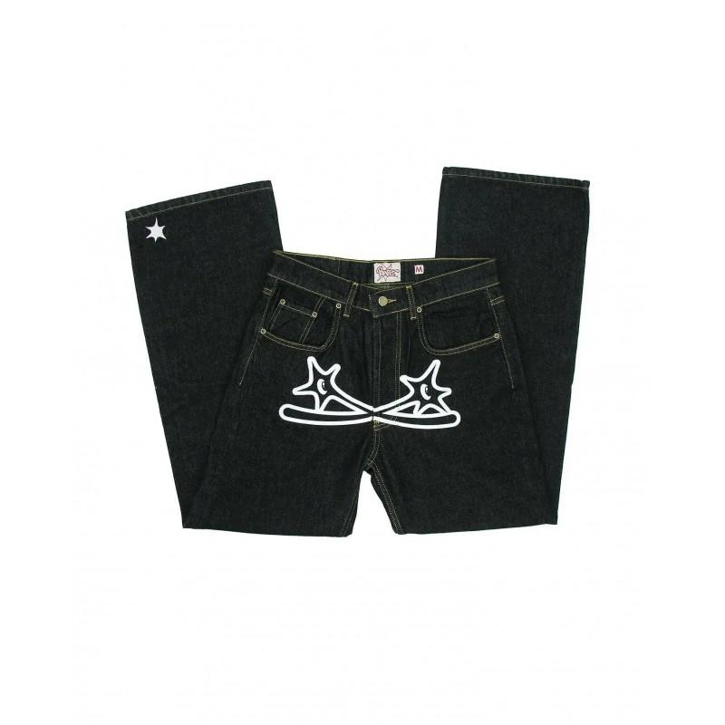 Mens Straight Fit Denim Jeans With Embroidered Hip Hop Print Mid-Rise Casual Streetwear Trousers Fall