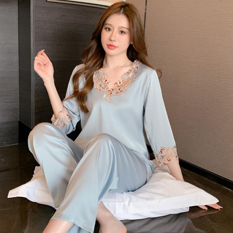 

Пижама женская весенне-осенняя шелковистый сатин с длинным рукавом женская пижама домашний комплект сексуальное цветное кружево премиальное ощущение XL