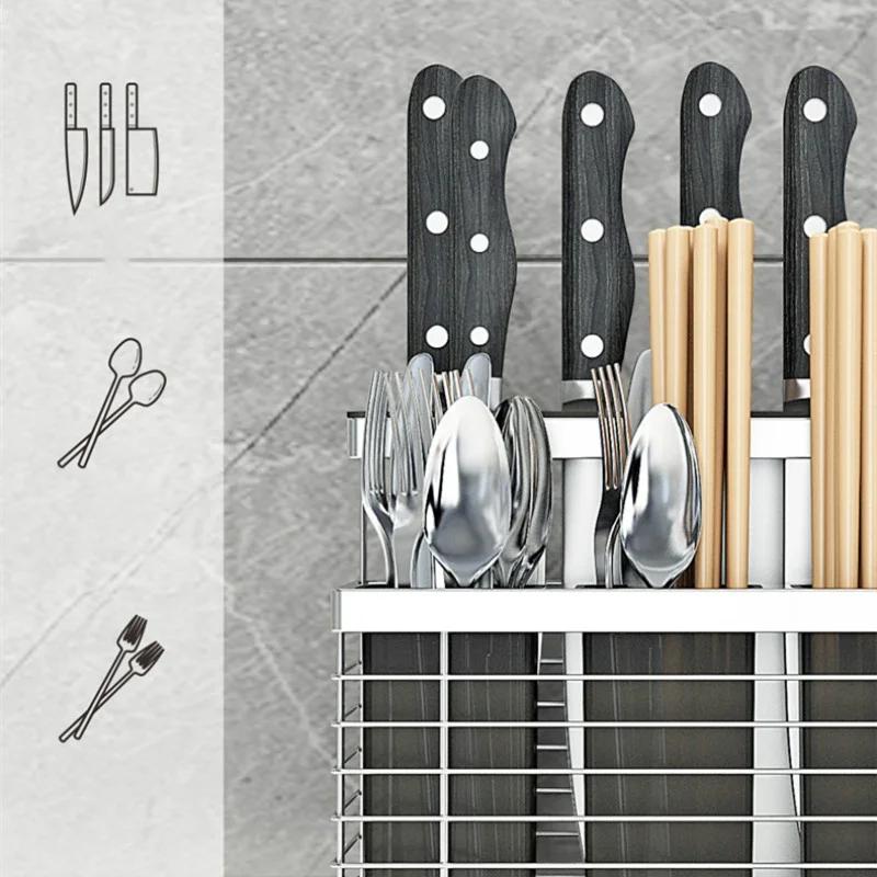 304 Stainless Steel Stand Wall Mounted Kitchen Storage Rack Knife Holder Cutlery Box Organizer Container