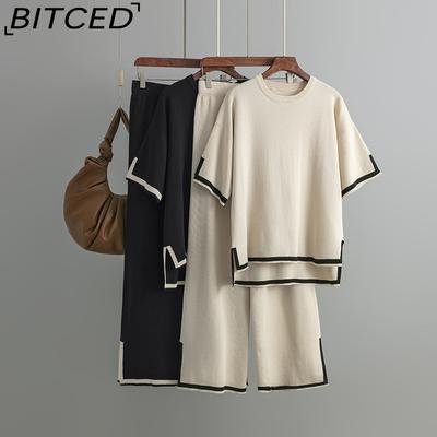Fashion Set A Stylish Contrasting Color Split Short-sleeved Knitted Sweater+ High-waisted, Slimming Wide-leg Pants and Long Pants Two-piece Set