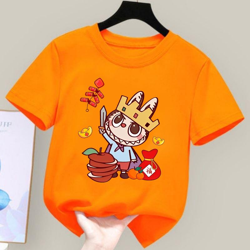 Happy New Year 2025 Cartoon Labubu Cute Printed Children's T-shirt Round Neck Girls' Top Multiple Sizes