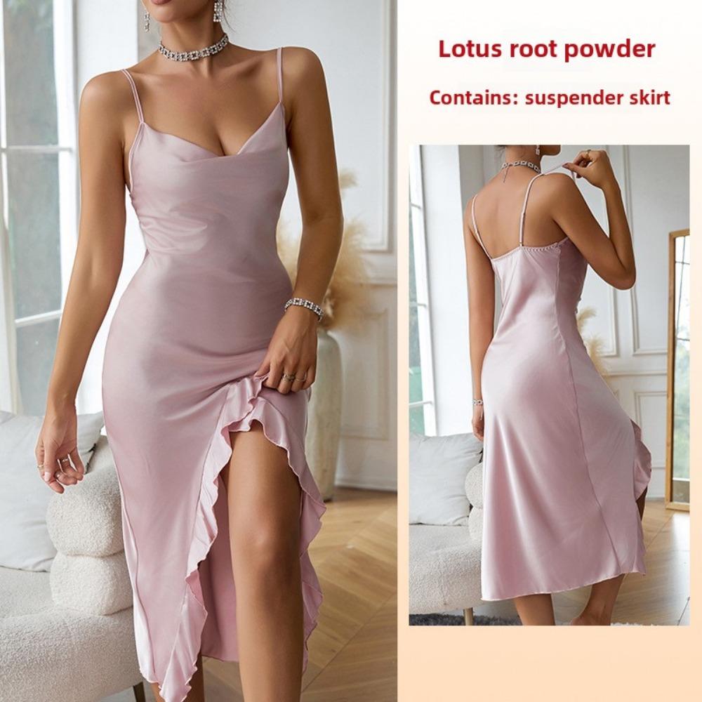 

Suspender Nightgown Sexy Charming Ruffle Bottom Swing Split Pajamas Loungewear S