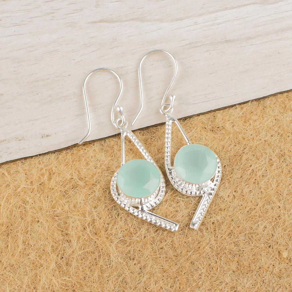 Aqua Chalcedony Silver Gemstone Jewelry, 925 Sterling Silver Earrings, Handmade Everyday Jewelry For Engagement Gift