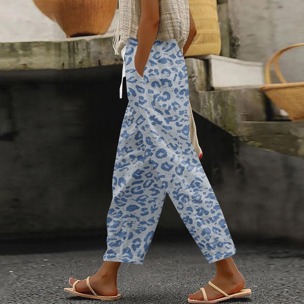 Women's Leopard Print Casual Pants with Elastic Waistband and Side Pockets
