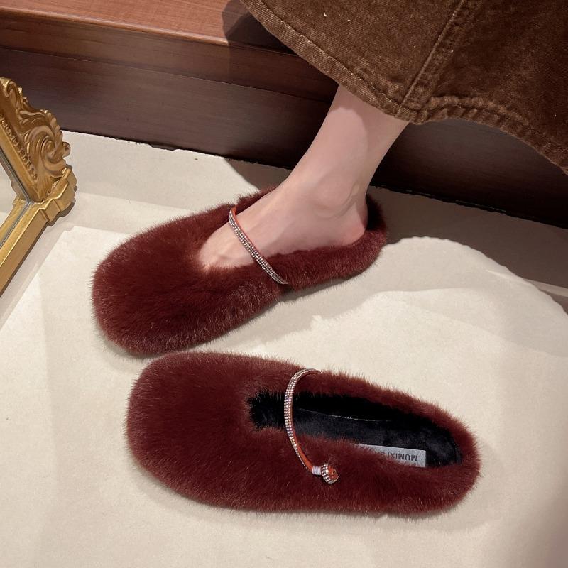 Simple and Beautiful Fluffy Slippers Women's New Autumn and Winter Outer Wear Velvet Flat Bottom with Skirt Bag Head Slippers