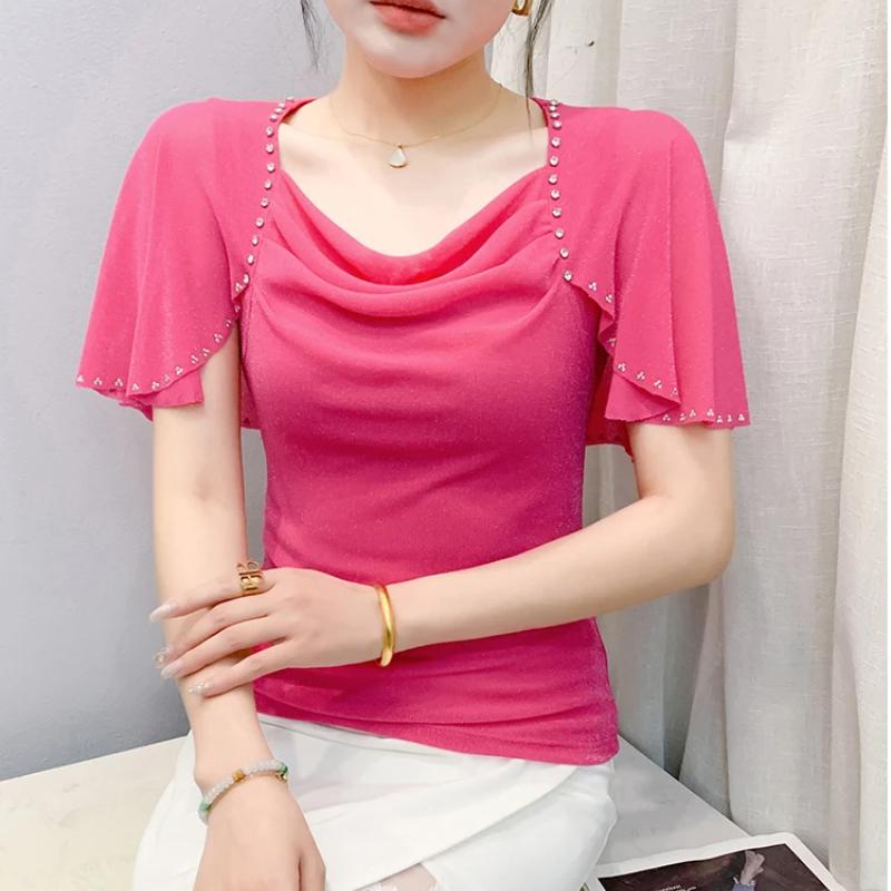 New Fashion Women's Chic Butterfly Sleeve Hot Diamonds Summer T-shirt Sexy Square Neck Slim Mesh Tops Elegant Female Tees