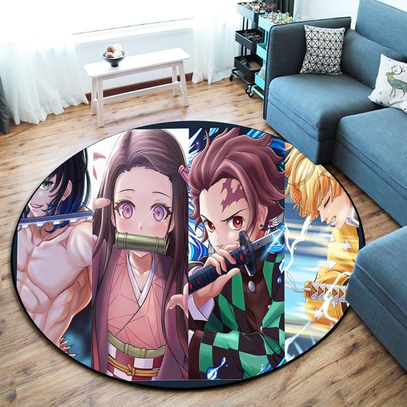 Classic Japanese-style Cartoon Demon Slayer Round Rug, Home Soft Decorative Anti-slip Yoga Mat and Chair Mat, Outdoor Floor Mat Carpet K23