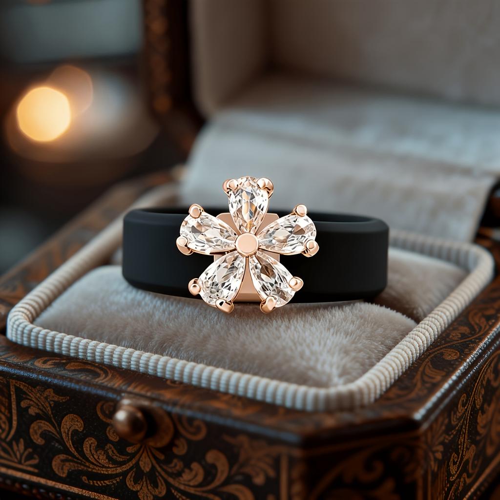 Black Silicone Ring, Sparkling Pear CZ Flower Ornament, Flexible Non-Irritant Statement Ring for Work Travel Daily Use