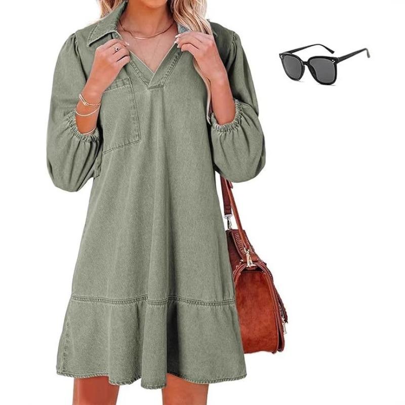 European and American foreign trade denim dress new loose top group casual V-neck seven-point bubble sleeves