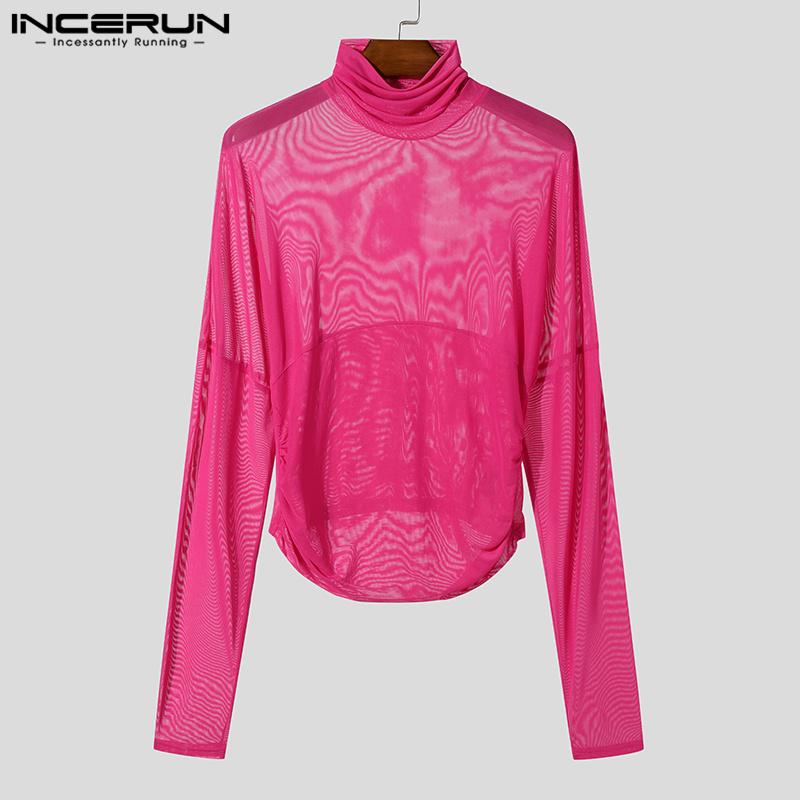 INCERUN Men High Neck Long Sleeve Ruffled See Through Tops Club Party Mesh Irregular T-Shirts