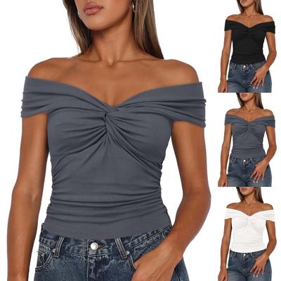 Women's Fashion Solid Color Summer Knot Front Off The Shoulder Tops Cap Sleeve Going Out Shirts