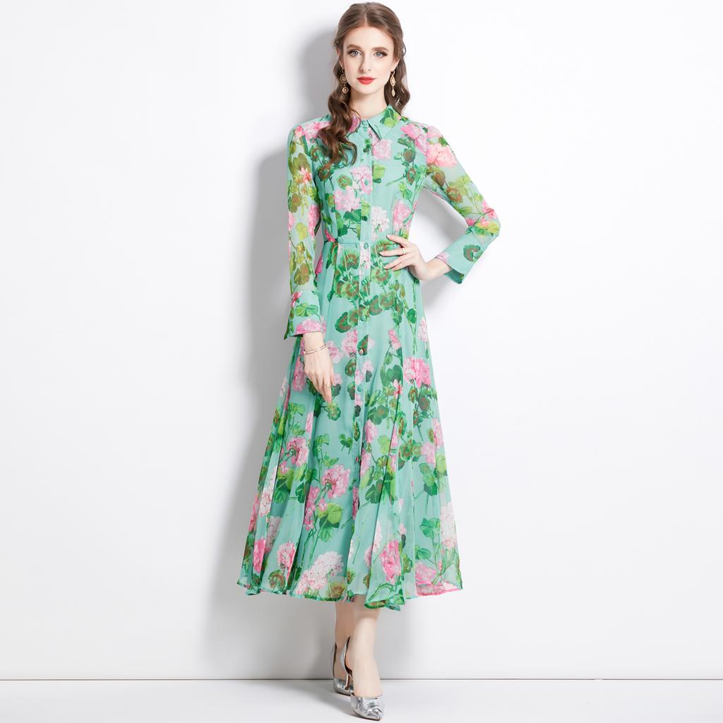 Spring Clothing for Women 2026 New Style High-End Flower Printed Belt Slim-Fitting Long French Long Sleeve Chiffon Maxi Dress