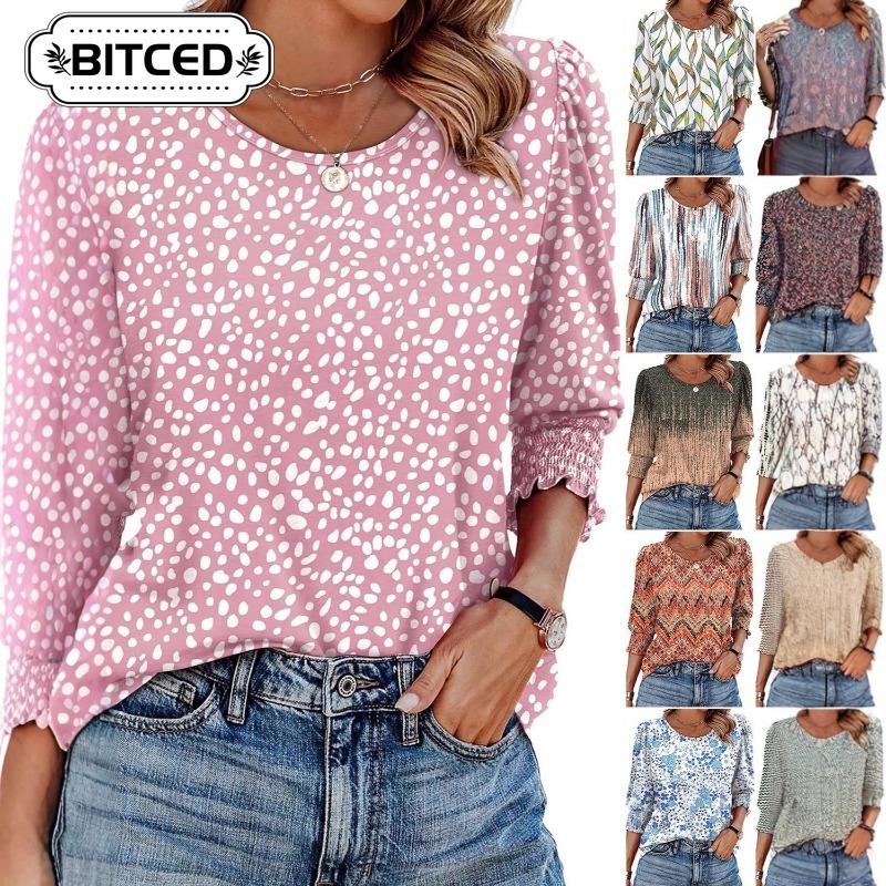 BITCED Damen Mode Lässig 3/4 Ärmel Rundhals Blusen & Hemden Einzigartiges Design