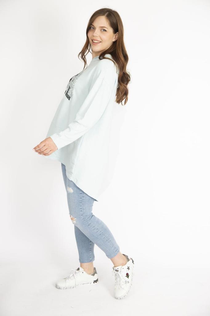 Women's Style Big Size Sweatshirt Baby Blue Plus Size Sequin Detailed Hooded Long Back Sweatshirt