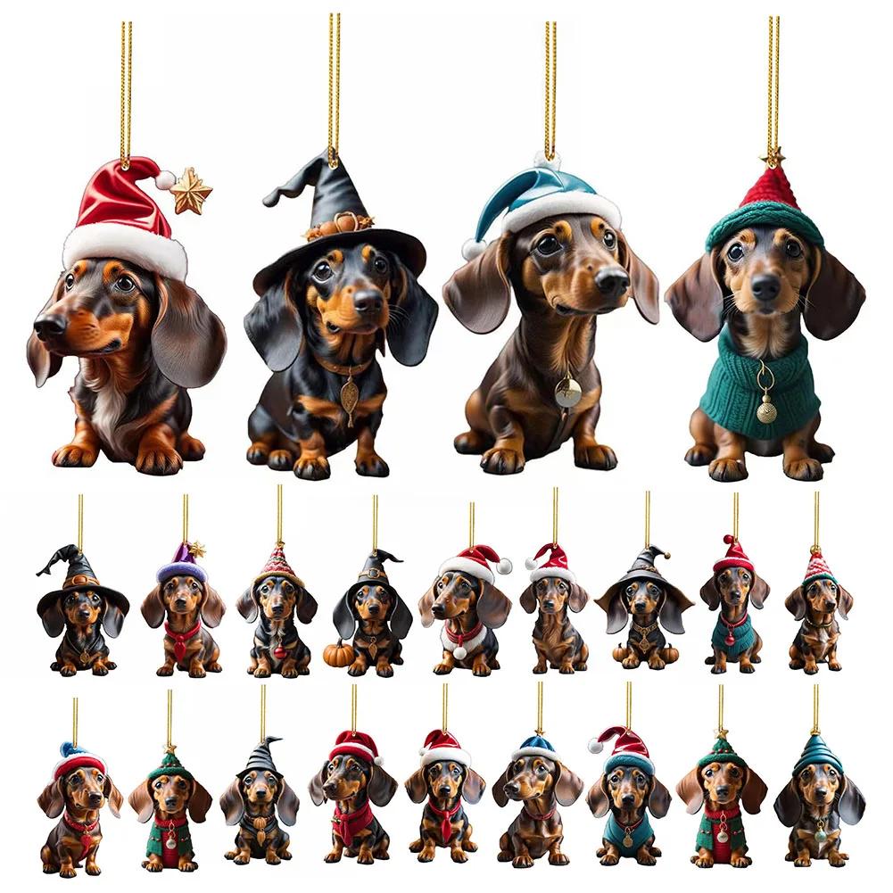 Christmas Cartoon Dog Ornament Acrylic Cute Dog Pendant Dog Figurines Decor Xmas Tree Backpack Car Interior Decor