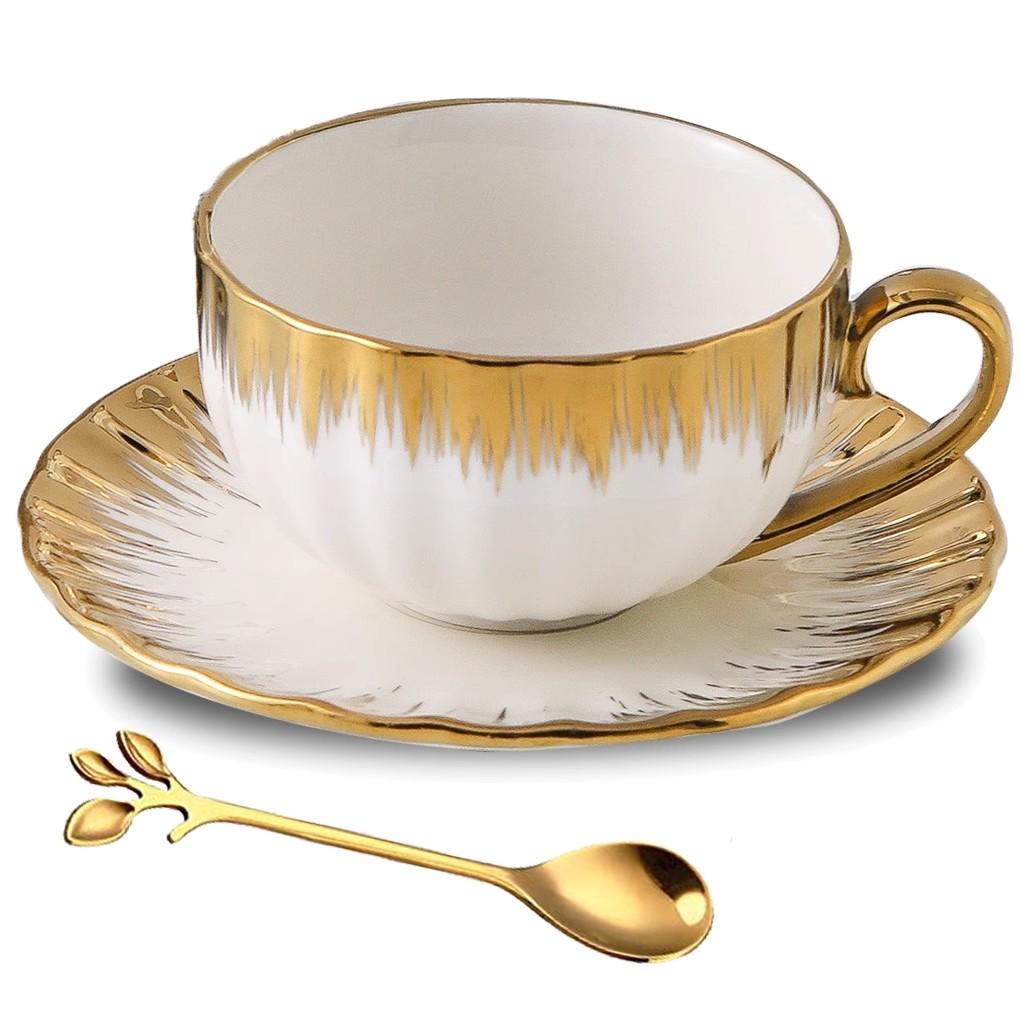 Golden Rim Bone china Coffee Cup Dish Set 250ml Light Luxury High End Handle Mugs Exquisite Afternoon Tea Ceramic Dessert Dish