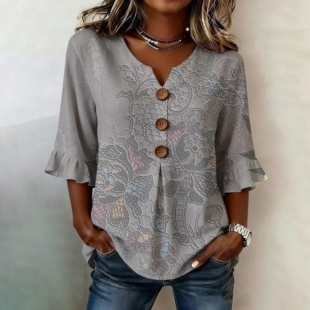 Women V Neck Floral Print Button Loose Fit Ruffle Sleeve Blouse Casual Comfortable Top for Daily Wear Office Travel