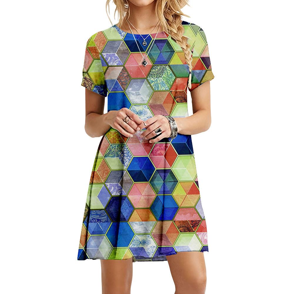 S-6XL Übergröße Mode Damen 3D Geometrischer Druck Kleid Lässig Rundhals Kurzarm Kleid Sommer Locker Mini Kurzes Kleid