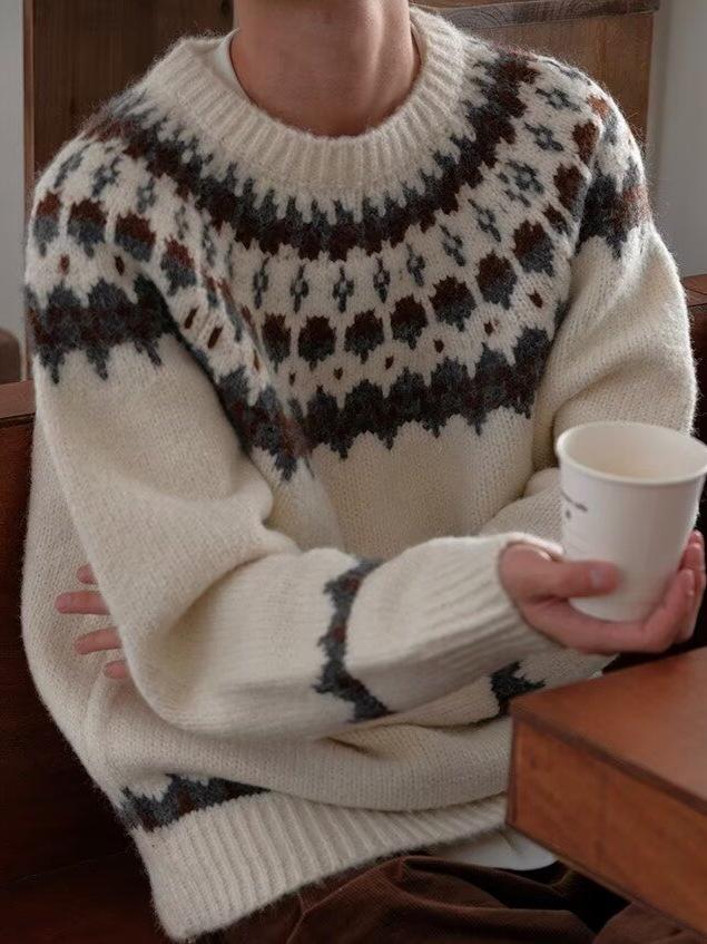 Men's Autumn/Winter French Fair Isle Stripe Knit Sweater - Round Neck, Loose Fit, Versatile Casual Style.
