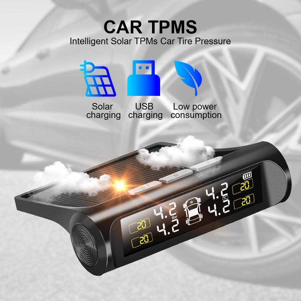 TPMS Tyre Pressure Monitoring System Solar Power LCD Display with 4 Internal/External Sensor  Waterproof Temperature Warning