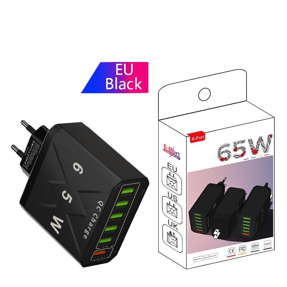 65W QC3.0 6-Port USB Fast Charger for Mobile Phones - US/EU/UK Standard