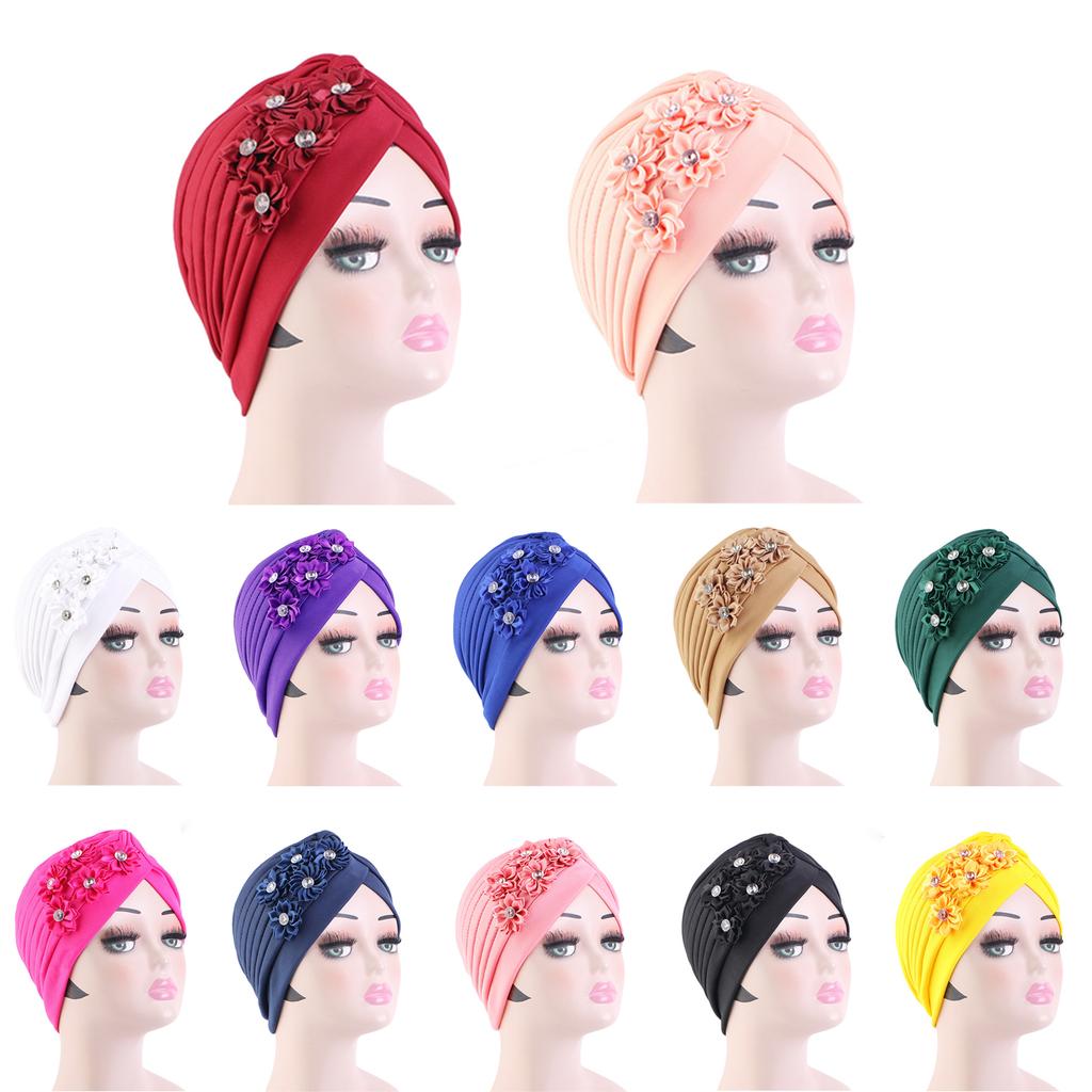 4Pcs Women Turban National Style Diamond Flower Beanie Elastic Head Wrap Cap Chemo Headwear Accessories