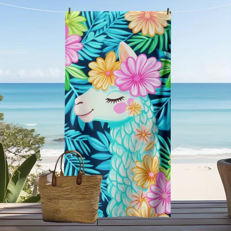 Lebhaftes Blumen-Lama-Alpaka Strandtuch Süßes Tropisches Blumen-Palmenblatt-Design Schnelltrocknend Saugfähig Sandfreier Strandtuch