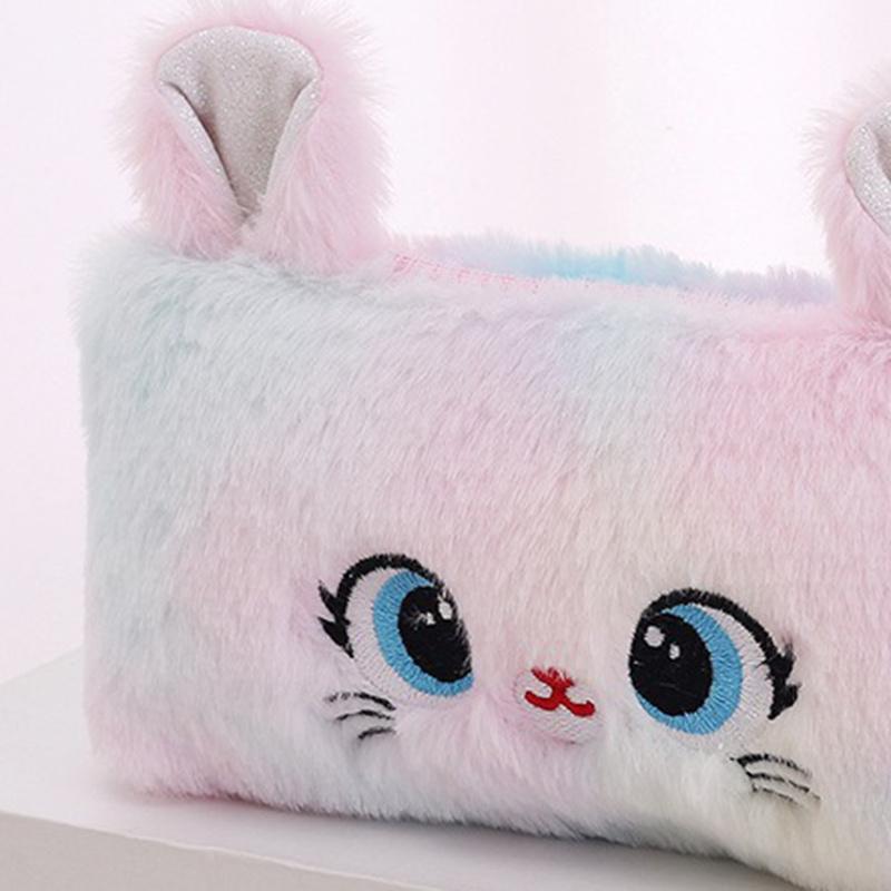 Kawaii Largecapacity Cat Zipper Pencil Bag Beautiful Cartoon Creative Plush Pencil Bag For Girls Stationery Storage Bag