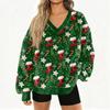 Women's Fashionable V-neck Christmas Printed Long Sleeved Casual Pullover Plush Warm Pocket Sweatshirt Top