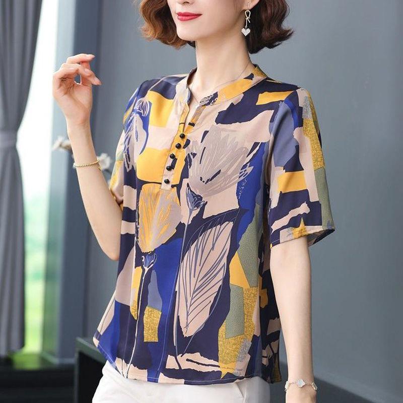 

Summer 2022 Retro Print Short Sleeve T-Shirt for Middle-Aged and Plus Size Women L синій