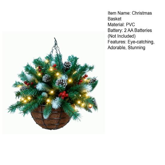 Pre-Lit Christmas Hanging Basket Artificial Greenery Basket with Pine Cones Red Berries Outdoor Hanging Planter with LED Light for Porch Door Decor