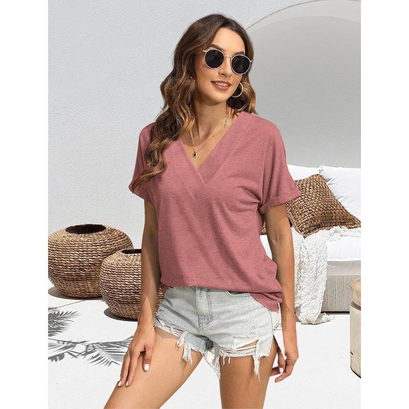 IHUASU Women's Fashion Casual Solid Color Print Short Sleeve V Neck Blouses & Shirts Unique design