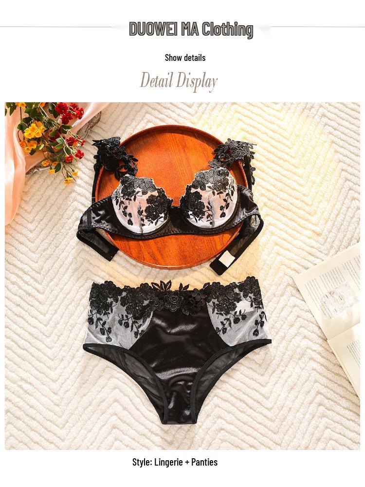 2025 Heißes Schwarzes Besticktes Französisches Spitzen-BH- und Höschen-Set