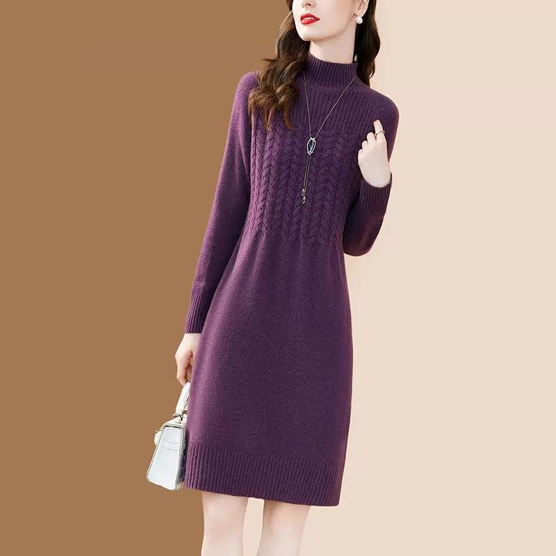 Sweater Dress for Women Versatile for Spring and Autumn Half Turtleneck Knitted Sweater Casual Solid-color Long-sleeved Pullover