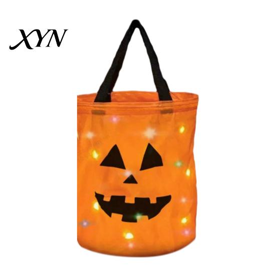 Halloween Party Accessory for Children Glowing Pumpkin Candy Bag with LED Lights, Reusable Treat Portable Holder Tote Kids, Trick or Handbag