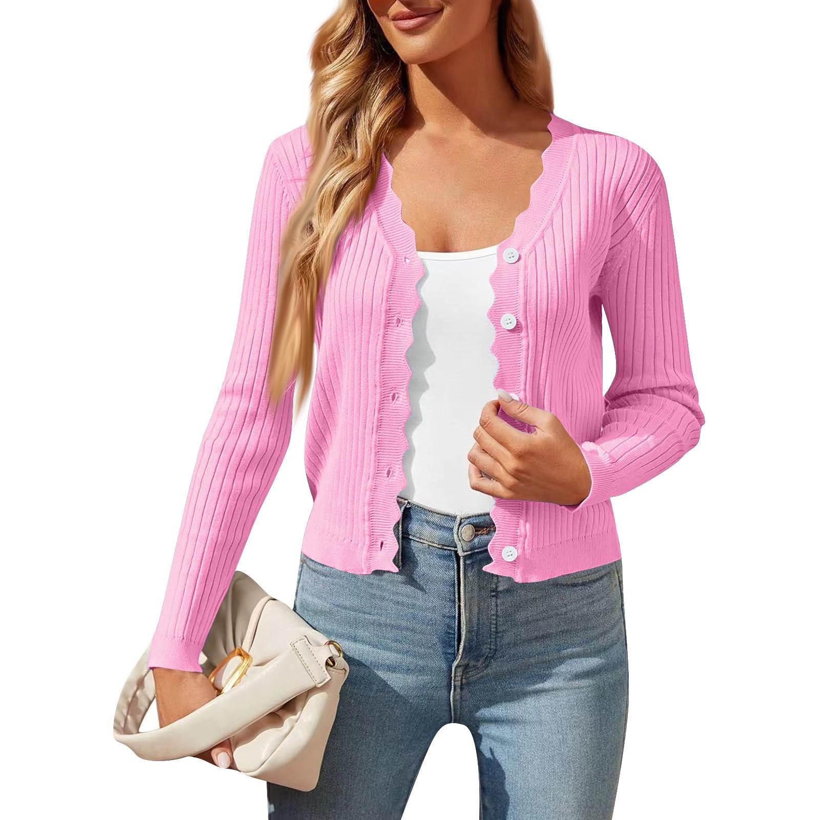 

Женская мода V-образный вырез длинный рукав короткий женский вязаный кардиган свитер пальто S горячий розовый