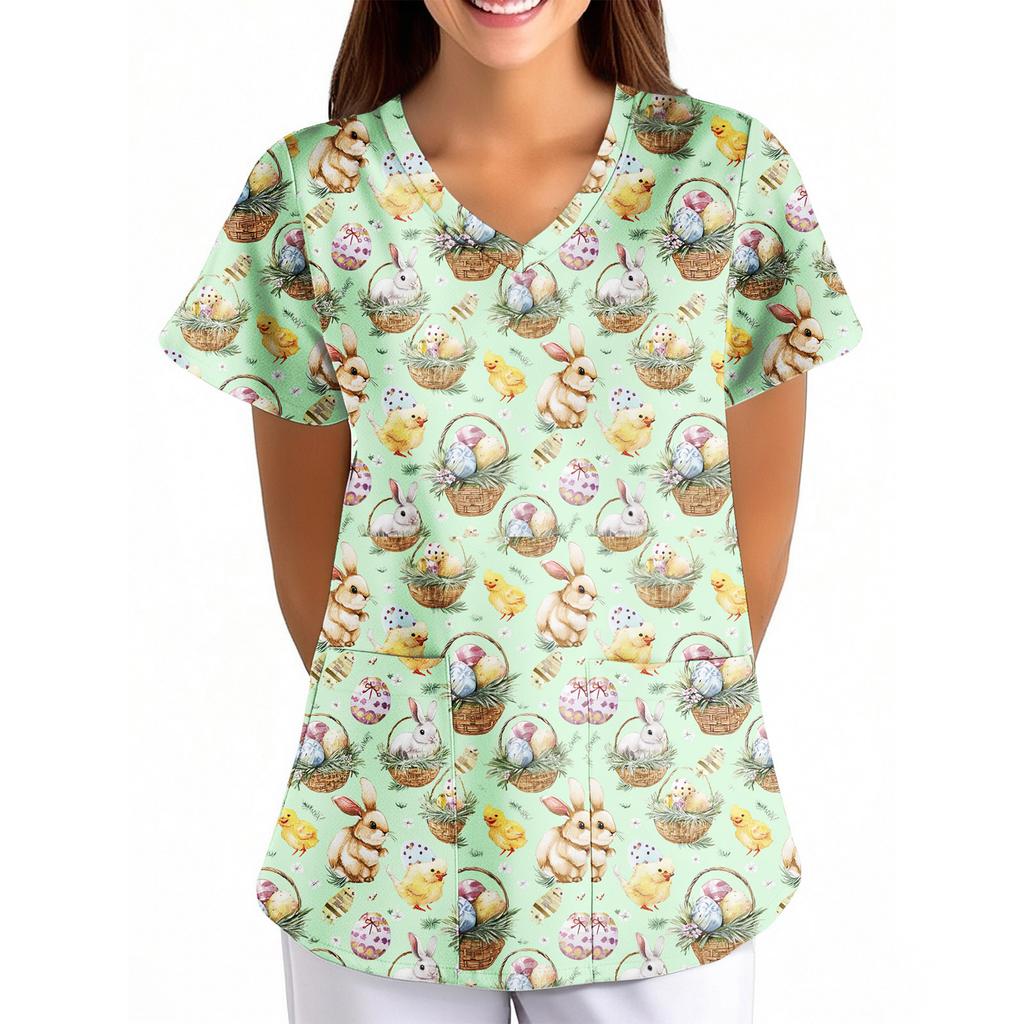 T-shirt à imprimé de Pâques pour femme, ample, col en V, avec poche, manches courtes, pour soignant/Uniforme