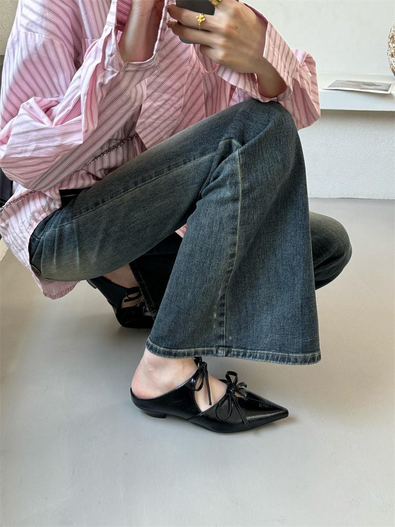 Bow girl pointed head half slippers 2025 no rear empty bag head lazy muller shoes gentle versatile flat sandals