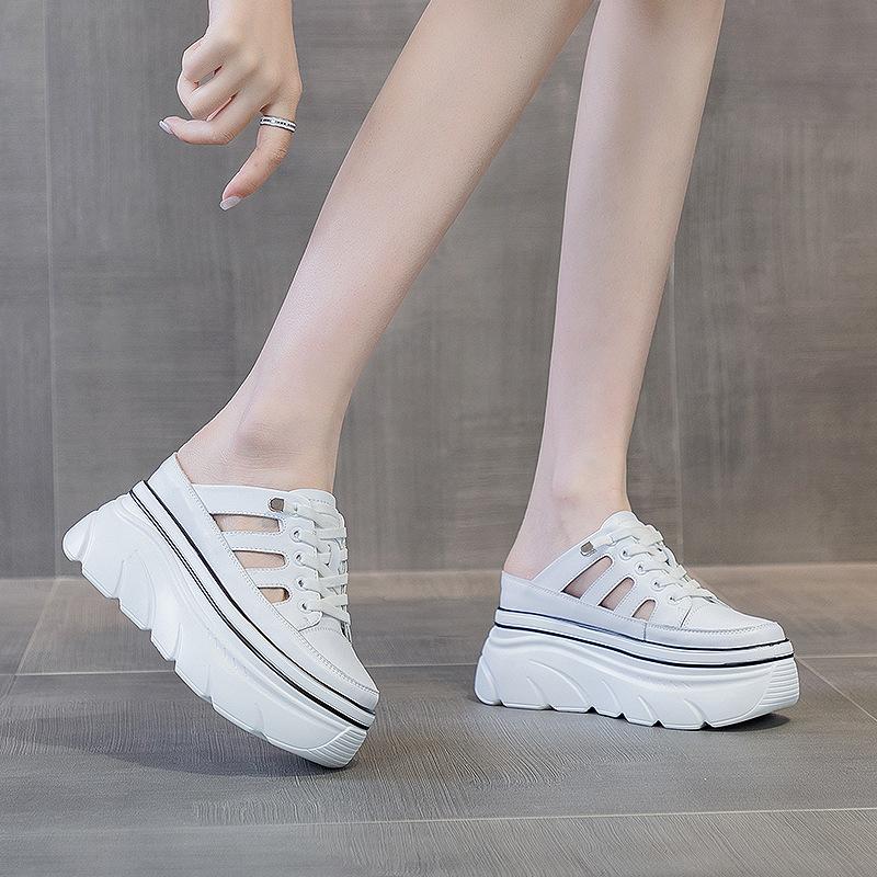 Lazy bag head half slippers women's summer outer wear 2025 new hollow breathable inner height-increasing muffin shoes white shoes