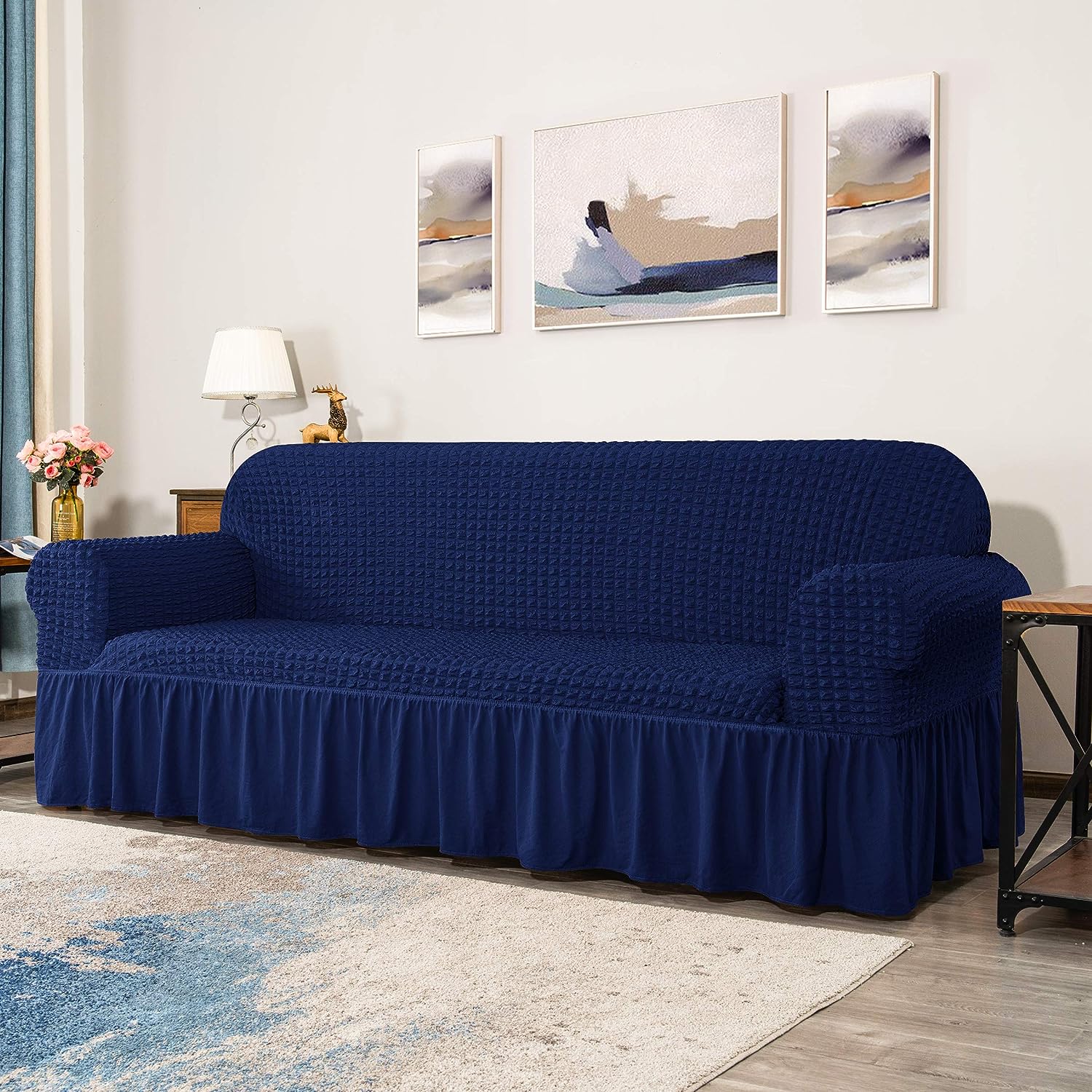 Hochelastische Blasenraster-Sofahülle mit Rocksaum Universeller Stretch-Sofa-Schutz für Wohnzimmer Haustier-Schutz vor Schmutz 1/2/3/4 Passform 2 Seater(145-185cm)