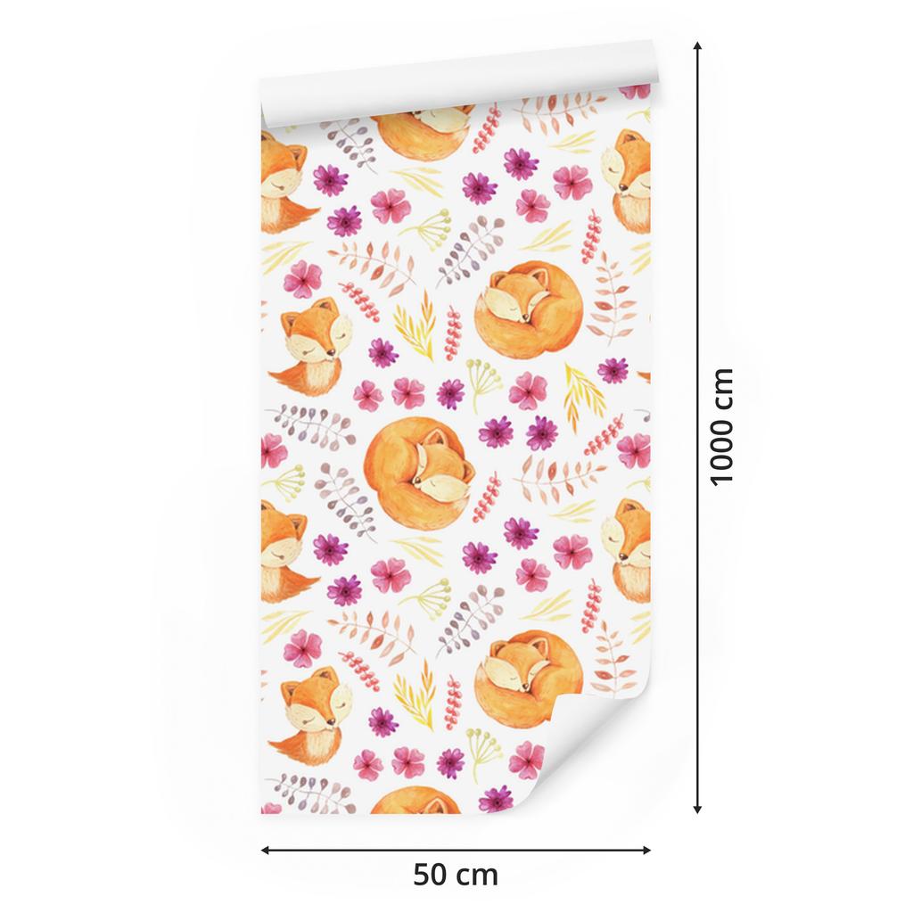 Wallpaper Little Foxes with Flowers for Living Room and Bedroom 50x1000