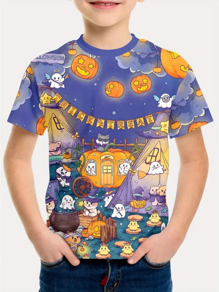 Halloween Boy's T-Shirt Pumpkin Pattern Summer Short Sleeves Skull Fashion Print Kids Tops 2-10y Party Gift Children's Clothing