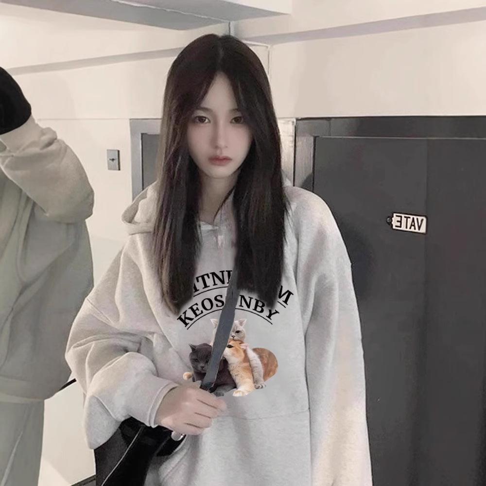 Ladies Autumn Winter Casual Hooded Long Sleeve Big Pocket Cat Printed Pullover Hoodies Sweatshirt Top