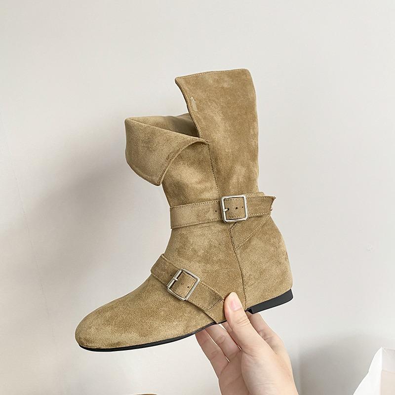 Retro Belt Buckle Mid-leg Boots Women's  Autumn New Skinny All-match Inner Heightening Western Boots